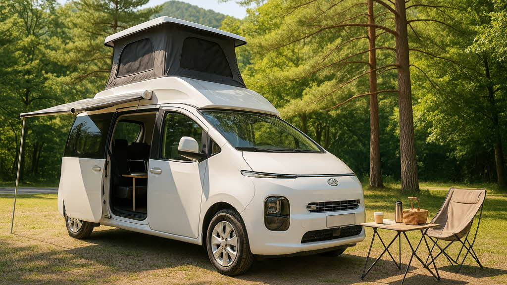 밝은 숲속에 주차된 흰색 현대 스타리아 캠핑카. 루프에는 팝업텐트가 펼쳐져 있고, 차량 옆 캠핑 테이블에는 커피잔과 바구니가 놓여 있으며 의자가 함께 배치되어 있다.