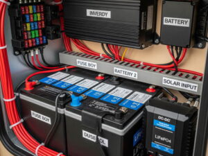 캠핑카 내부에 설치된 리튬인산철 배터리와 주행충전기