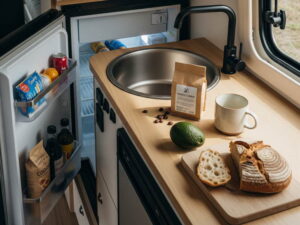 압축식 냉장고와 싱크대가 결합된 캠핑카 주방 모듈