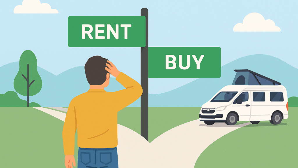 캠핑카 렌트와 구매 사이 갈림길에 서서 고민하는 사람의 일러스트
